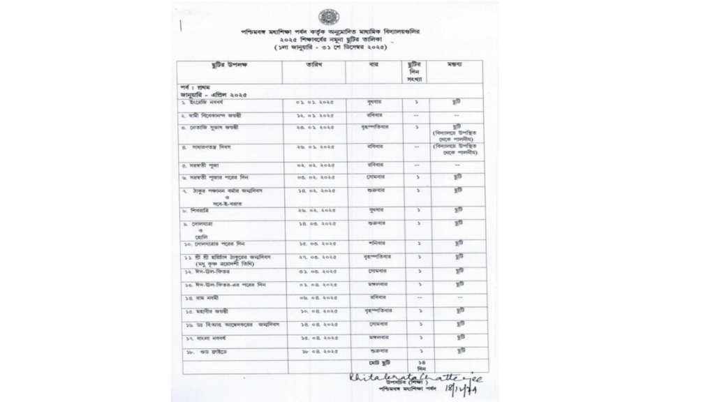 WB Primary School New Holiday List 2025